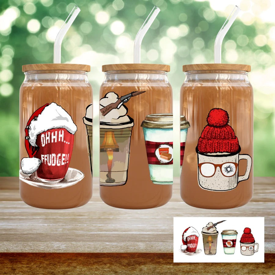 'A Christmas Story' on 16 oz  Glass cup w/ lid & straw