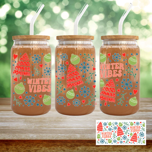 Christmas 'WINTER VIBES' on 16 oz Glass cup w/ lid & straw