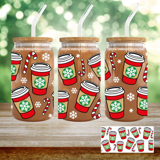 Christmas Coffee cups on 16 oz Glass cup w/ lid & straw