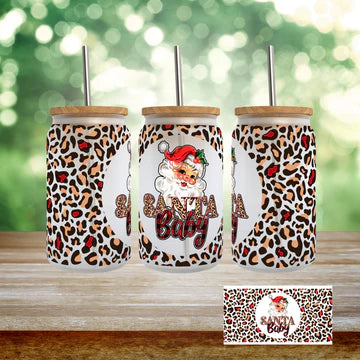 Christmas 'SANTA BABY' leopard print on 16 oz Glass cup w/ lid & straw