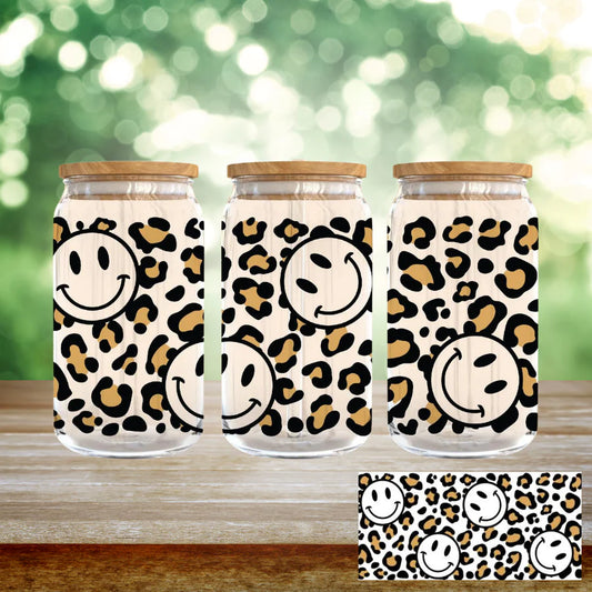 Smiley Leopard Print on 16 oz Glass cup w/ lid & straw