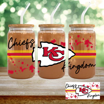 Kansas City Cheifs team on 16 oz  Glass cup w/ lid & straw