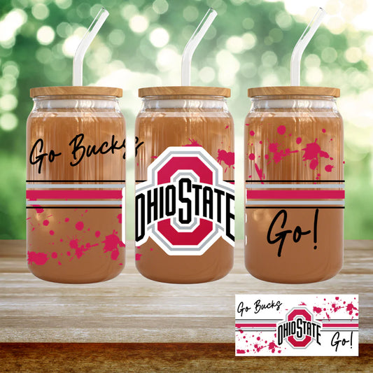 Ohio State Go Bucks on 16 oz  Glass cup w/ lid & straw