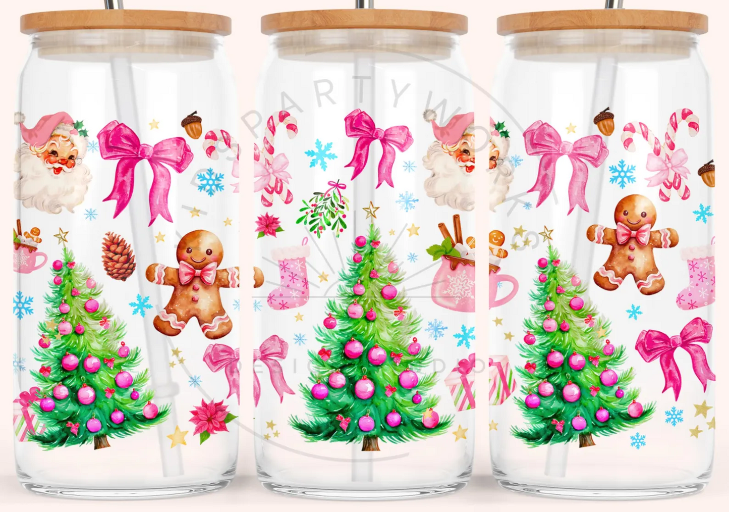 Pink Christmas 16oz Glass Tumbler